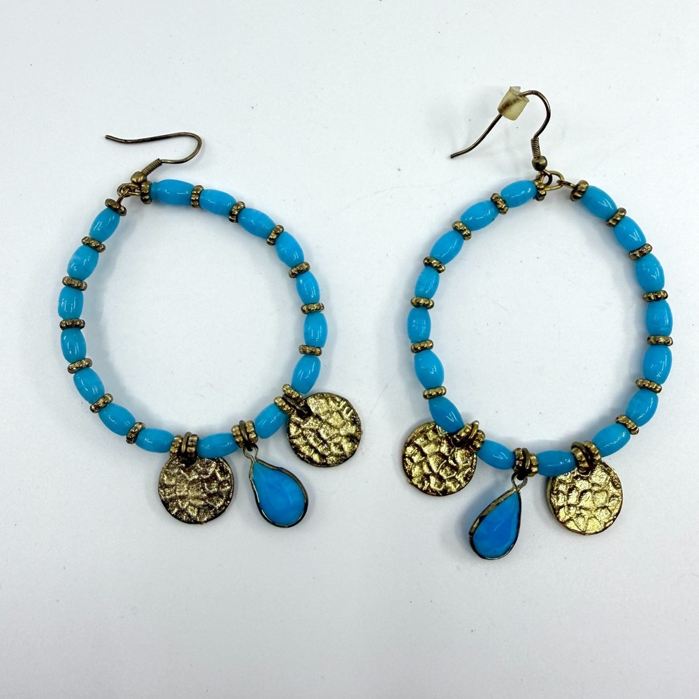 Turquoise Tone Blue Beaded Hoop Earrings Gold Tone Disc Charms Boho Statement